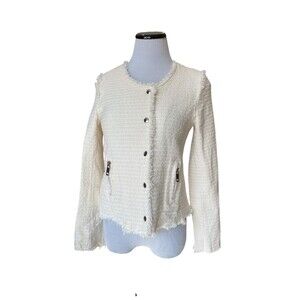 Womens Boucle Fringe Jacket Size M Ivory Old Money Quiet Luxury Parisian Chic
